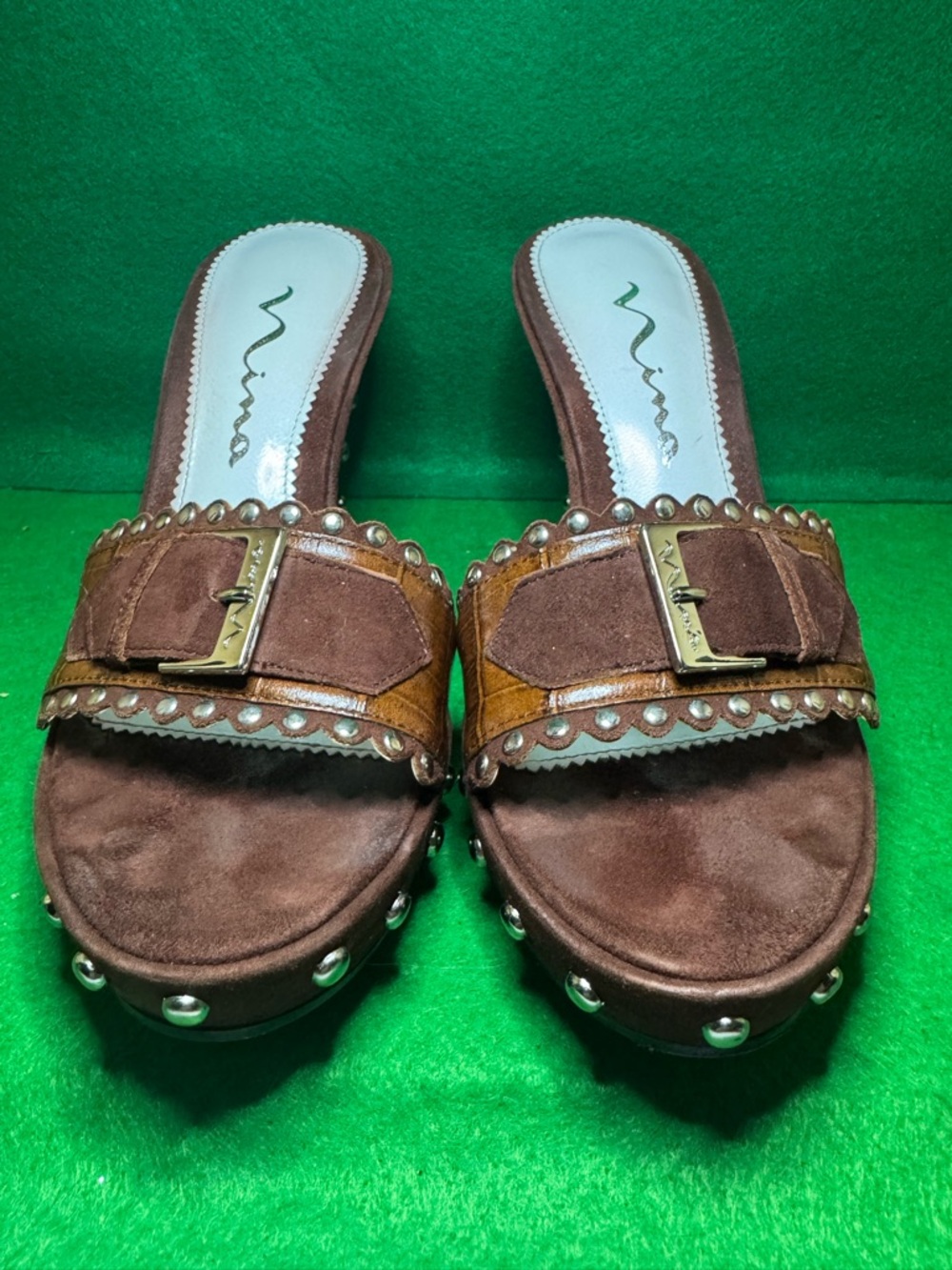 Nina Brown Suede & Leather Buckle Stud Slide Mules